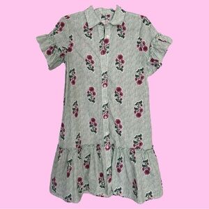 J. Crew Ruffle Dress with Green Stripes and Pink Floral